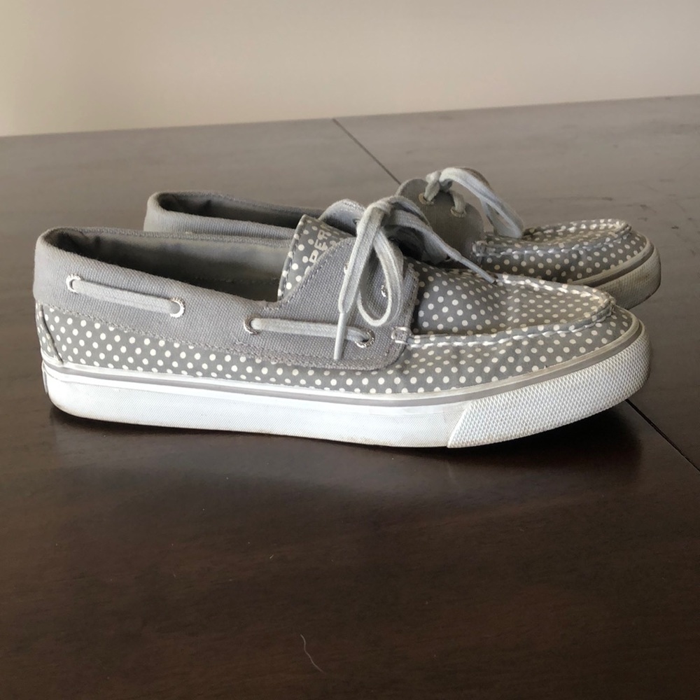Grey polka dot grey sperry boat shoes